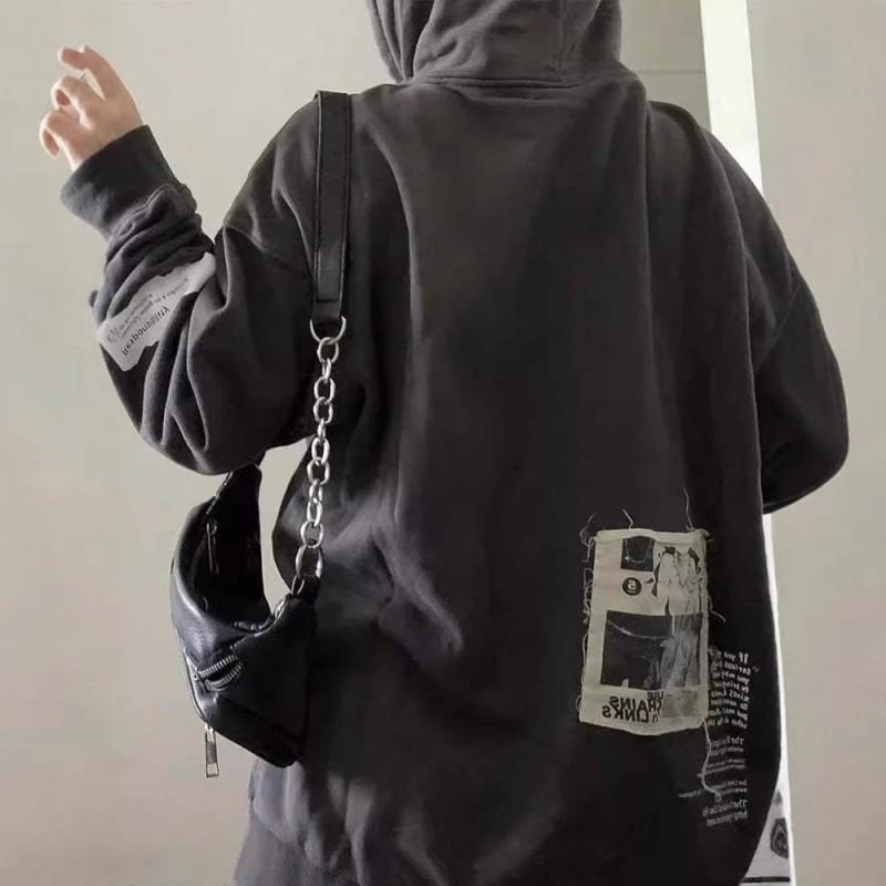 Womens Oversized Hooded Zip-Up Sweatshirt With Embroidered Patch Streetwear Loose Fit Long Sleeve Fall Winter
