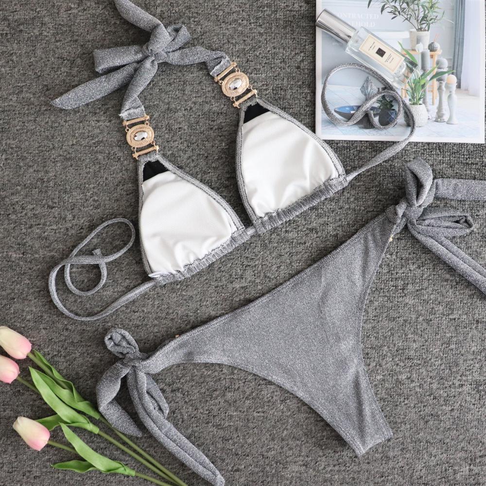 Сексуальный блестящий купальник с кристаллами и бриллиантами, бикини с золотым ремешком, женский купальник