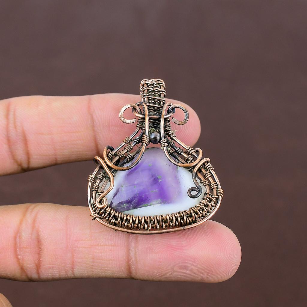 Подвеска ручной работы из медной проволоки с натуральным аметистом и шалфеем 1,85 дюйма Z2k09