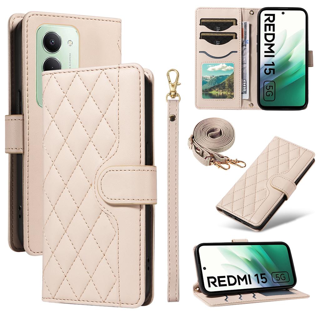 Для Xiaomi Redmi 15 5G (Глобальный) (169 мм) Чехол-кошелек Ромбовидный кожаный чехол для телефона с ремешком