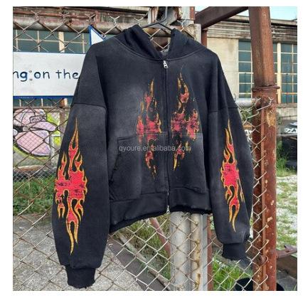 2026 new spray-colored zipper hooded sweatshirt European and American flame-printed hoodie top autumn and winter long-sleeved jacket