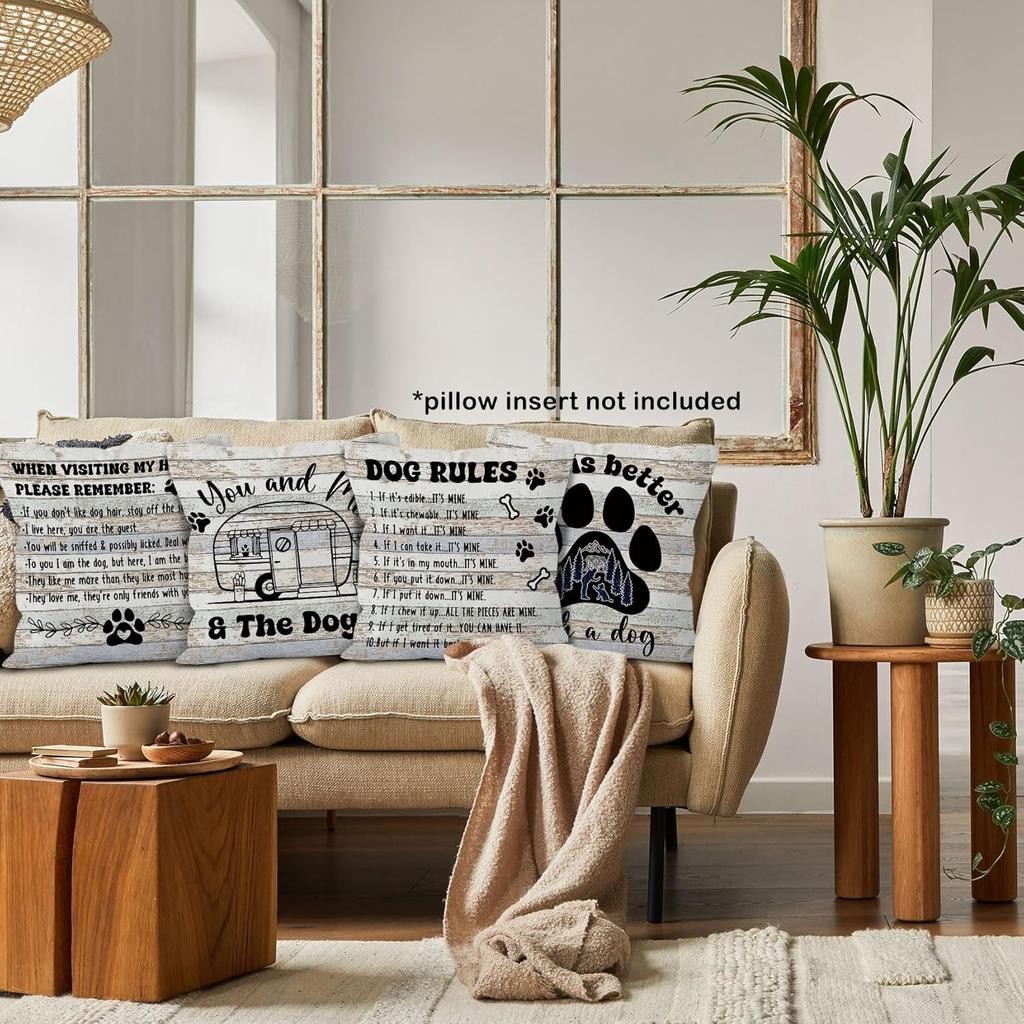 Funny Dog Rules Throw Pillow Covers 18x18 Set of 4, Life is Better Decor Pillow Cases for Bedroom Living Room Couch Bed Sofa, Camping Camper Gift