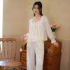 Ice Silk Pajamas Women's Autumn Long Sleeves Long Pants Cardigan Set Autumn New Home Clothes Loose Lace Thin Style