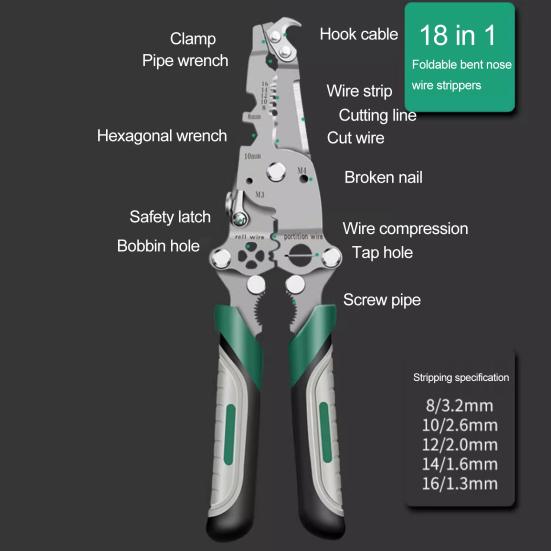 18-in-1 Foldable Wire Stripper Ergonomic Handle Portable Multifunctional Wire