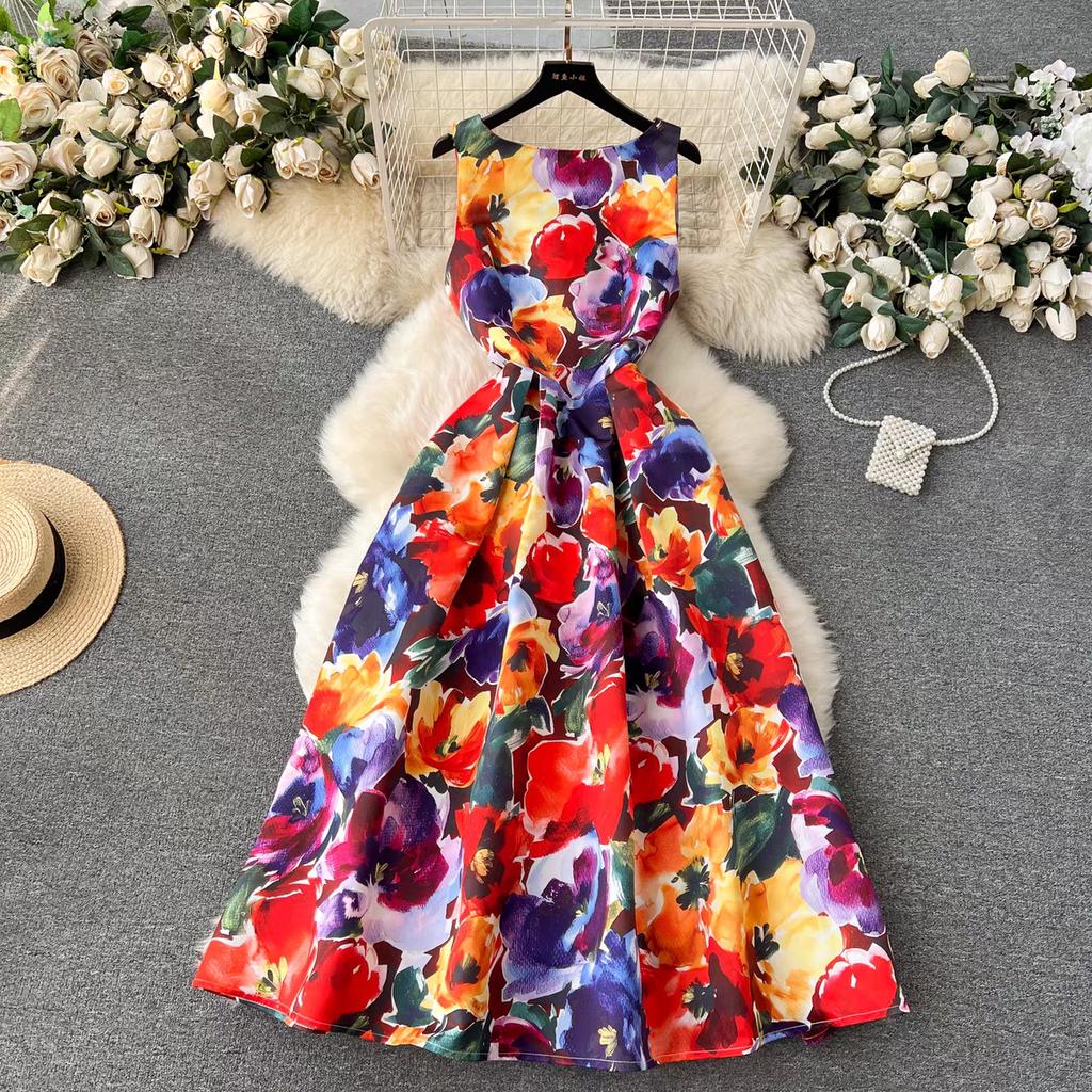 Женское платье-майка с цветочным принтом, элегантное модное летнее платье трапециевидной формы с круглым вырезом без рукавов и высокой талией, вечернее платье-майка для взлетно-посадочной полосы
