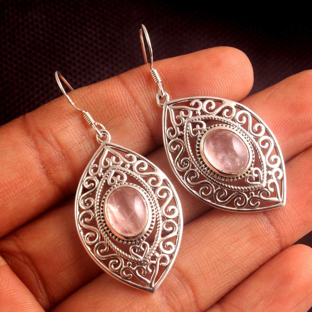 Ларимар Розовый кварц Твердые висячие серьги из стерлингового серебра 925 пробы Женские украшения ручной работы