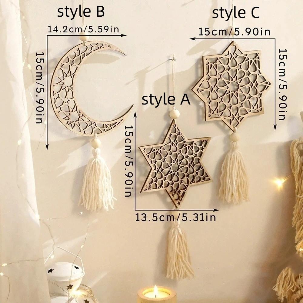 with Tassels Moon Star Hollow Mesh Wall Decor Wooden Handicraft Pendant  Ramadan Celebration