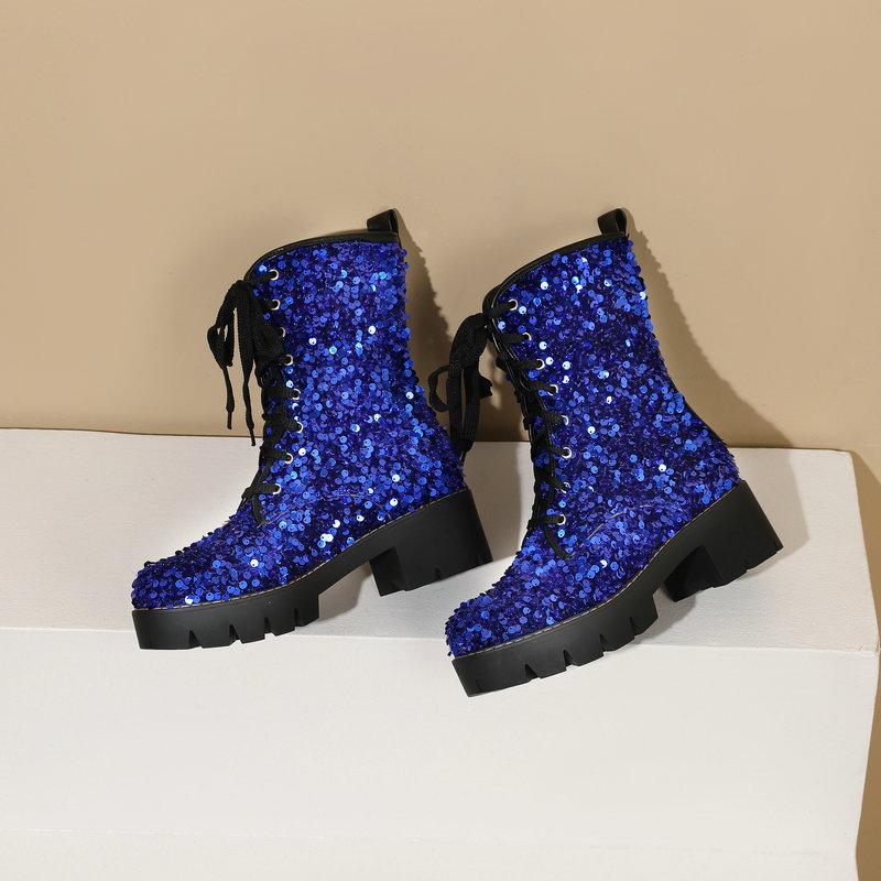 Sequins Glitter Party Goth Shoes For Women Shiny Lace-up Platform Chunky Heels Ankle Boots Wedding Shoes