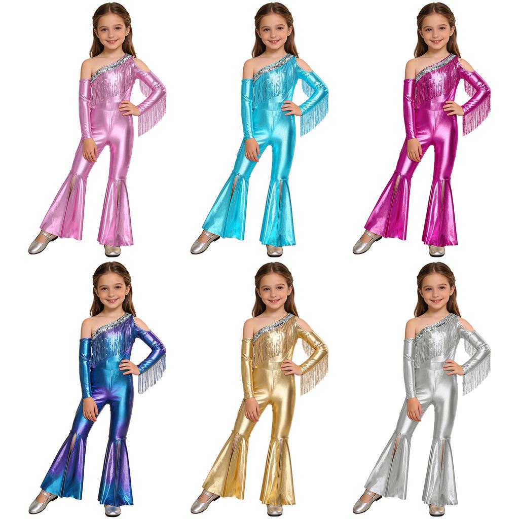 Девочки: Комбинезон для конкурса и сцены: Металлический блестящий комбинезон с открытыми плечами, с пайеточными кисточками и расклешенными штанинами для диско