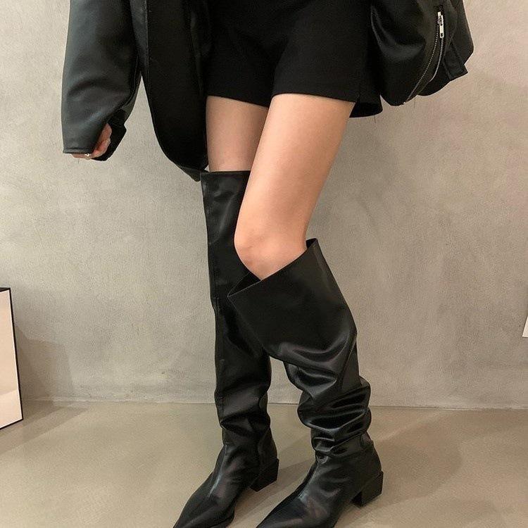 Ботильоны выше колена на толстом каблуке, черные, с голенищем-чулком, женская обувь, новые, осенне-зимние, с острым носком, облегающие, в стиле «бой»
