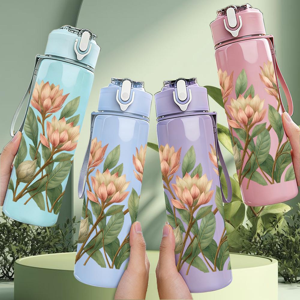 1PC Pink Protea Flower Bouquet 750ml Color Plastic Sports Water Bottle Leakproof Flip Straw Lid For Sports Office Home Use