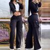 Casual Two Piece Set Women Outfit Autumn Long Sleeve Buttoned Pocket Design Crop Top & Drawstring Pants Set Women's Suits