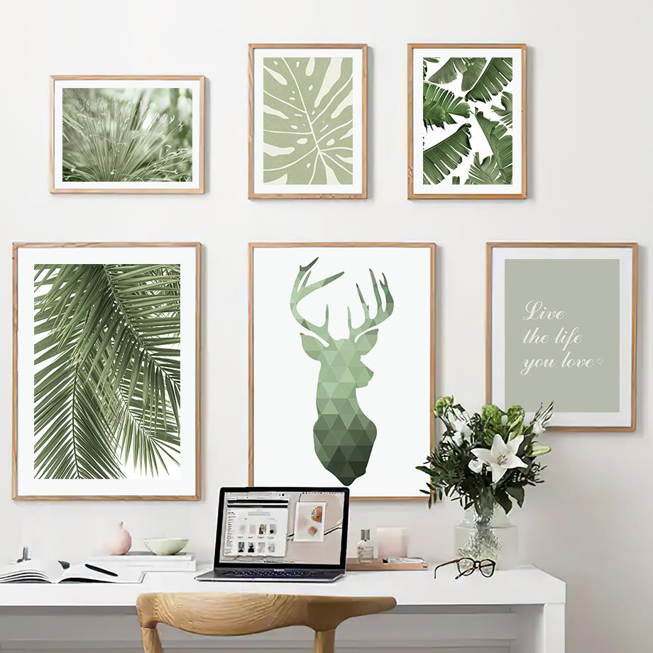 Canvas Painting Palm Leaves Green Plants Deer Abstract Nordic Posters And Prints Wall Art Pictures For Living Room Home Decor