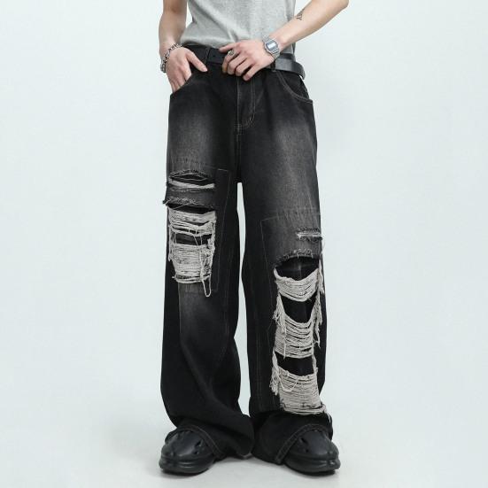 Женские джинсы с высокой талией и широкими штанинами, свободные рваные джинсы в стиле хип-хоп, прямые однотонные готические винтажные карманы, уличная одежда, джинсовые брюки полной длины