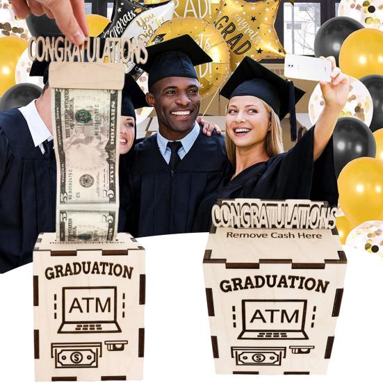 Подарочная коробка для денег на выпускной, деревянный дизайн банкомата, держатель для поздравительных открыток, держатель для денег, кассовый ящик для подарков на выпускной