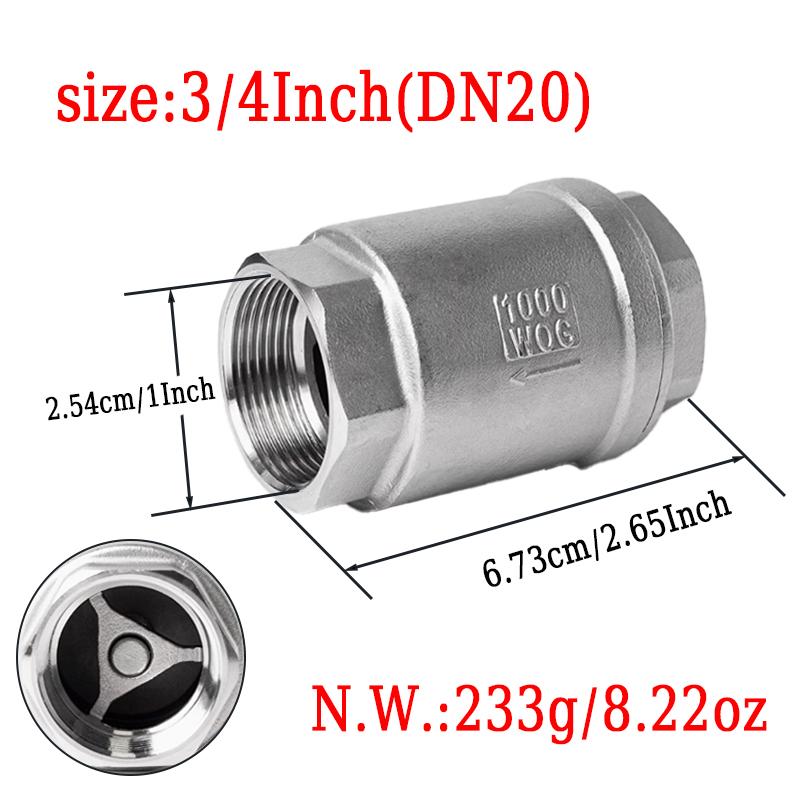 Vertical Spring Check Valve 304 Stainless Steel DN15/20 One-way No Return Horizontal Vertical Water Stop Valve for Wells, Pumps.