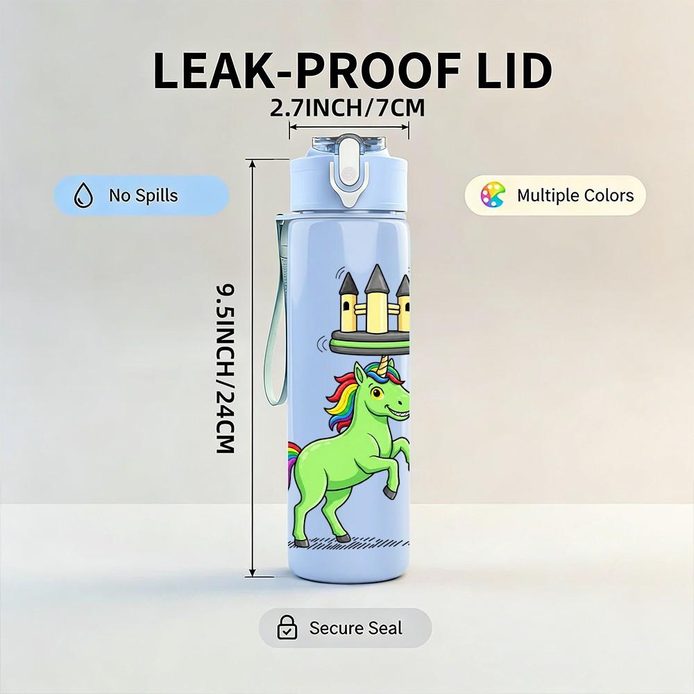 1PC Rainbow Horn Unicorn Cartoon Art 750ml Color Plastic Sports Water Bottle Leakproof Flip Straw Lid Suitable for Sports Office Home Use