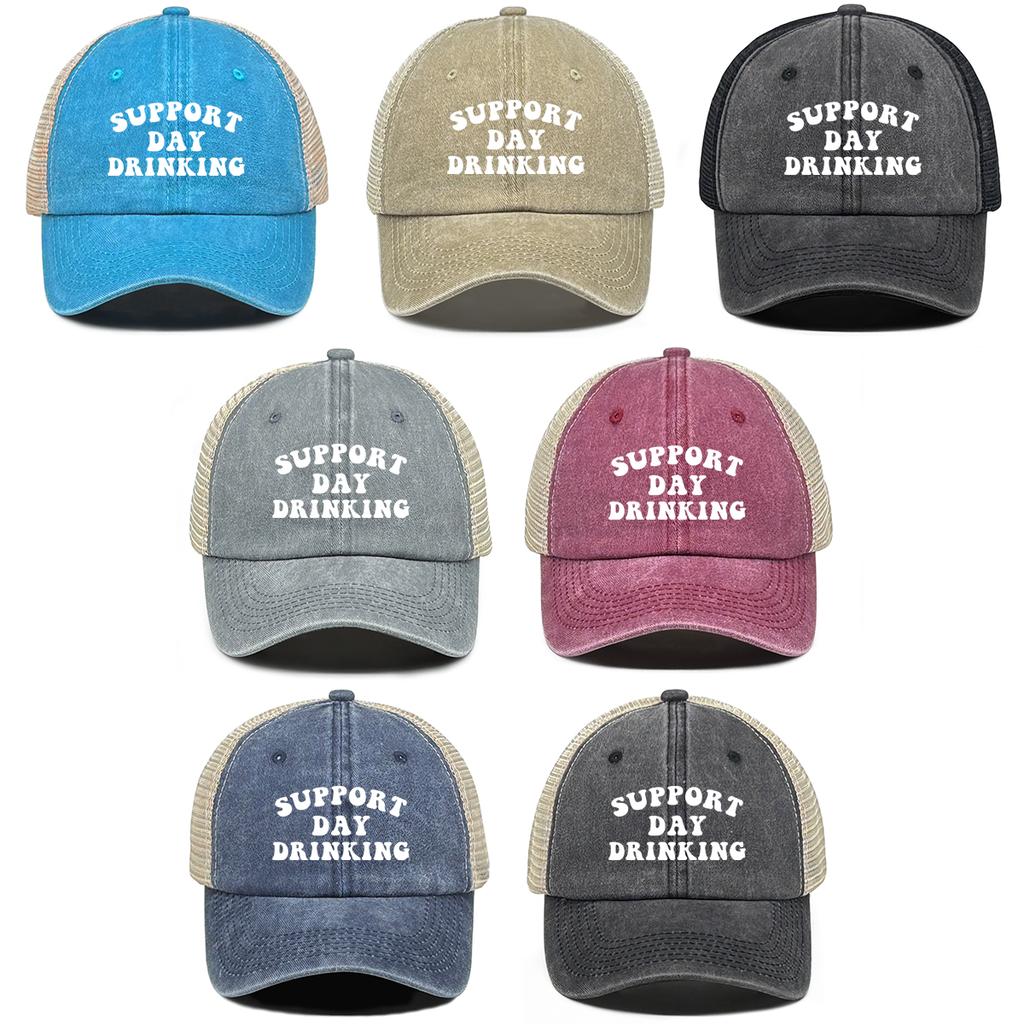 “Support Day Drinking” Print Mesh Cap Unisex Adjustable Trucker Hat Gorra Hombre Washed Retro Unisex Snapback Baseball Hat