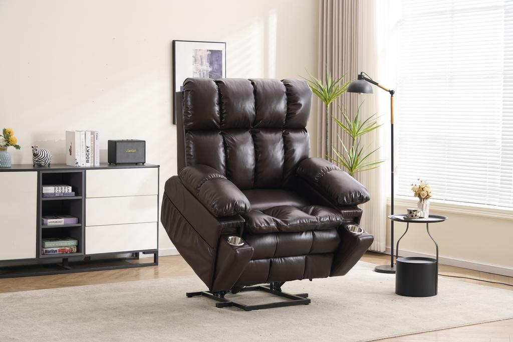 Two-Motor Electrically Adjustable TV Armchair, Relax Chair with Stand-Up Assist, Reclining Function, Multifunctional Single Sofa (Large Brown)