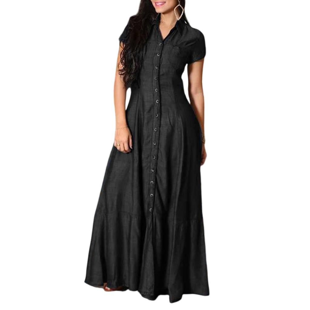 Women's Loose Long Dress Shirt Collar Pocket Large Swing Skirt Casual Denim Dress