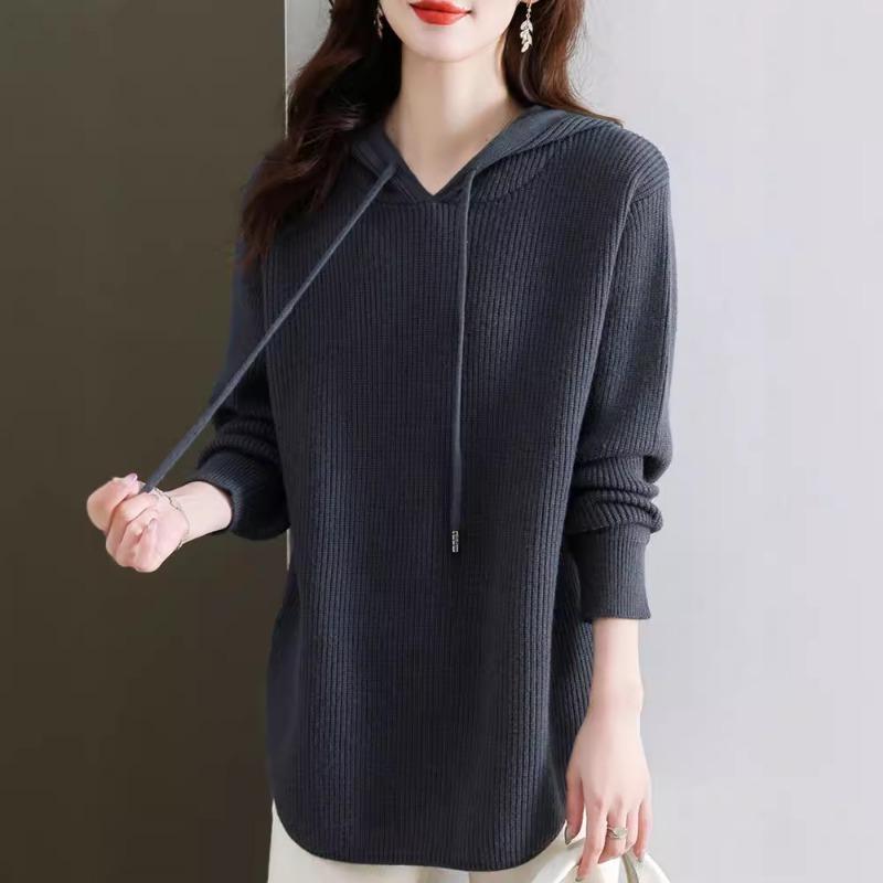 Осень Зима Однотонный Свободный Повседневный Вязаный Худи Женский Винтажный На шнурке Универсальный Свитер