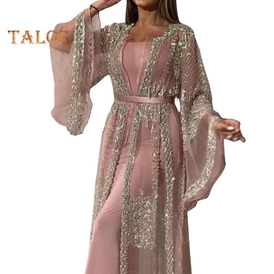 2 Pcs/Set Women Evening Dress Big Swing Shiny Bronzed Cardigan Slip Dress Set See-through Mesh Long Sleeve Coat Cocktail Events Special Occasions