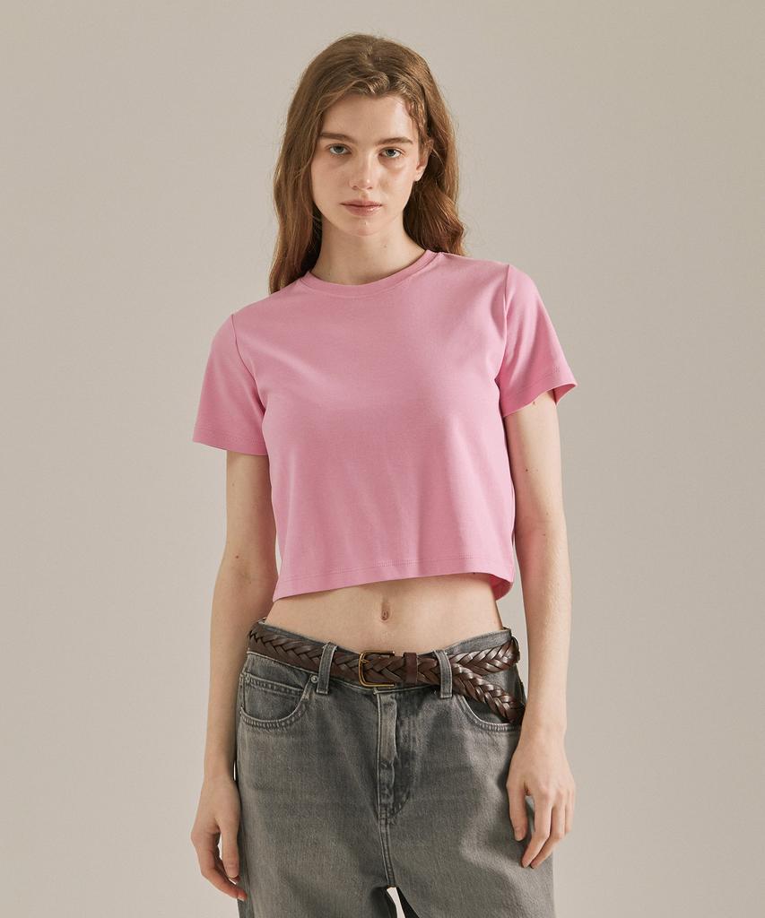 BASIC HOUSE Women'S Round Crop Short Sleeve T-Shirt Pink Lats0202