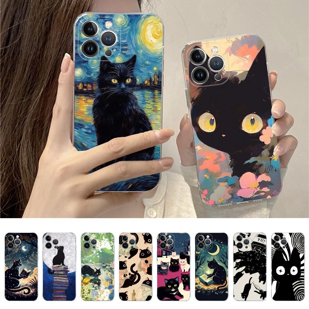 Черный Кот Мультяшный Милый Чехол Для Телефона Для IPhone 15 14 11 12 13 Mini Pro XS Max Чехол 6 7 8 Plus X XR SE 2020 Funda Shell