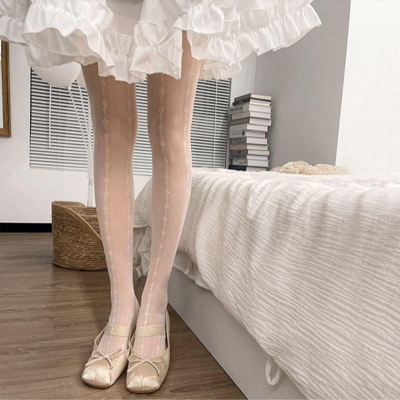 Японский стиль Вертикальная полоска Цветочные чулки Универсальные колготки Девичьи Тонкие черные чулки Сексуальный черный шелк