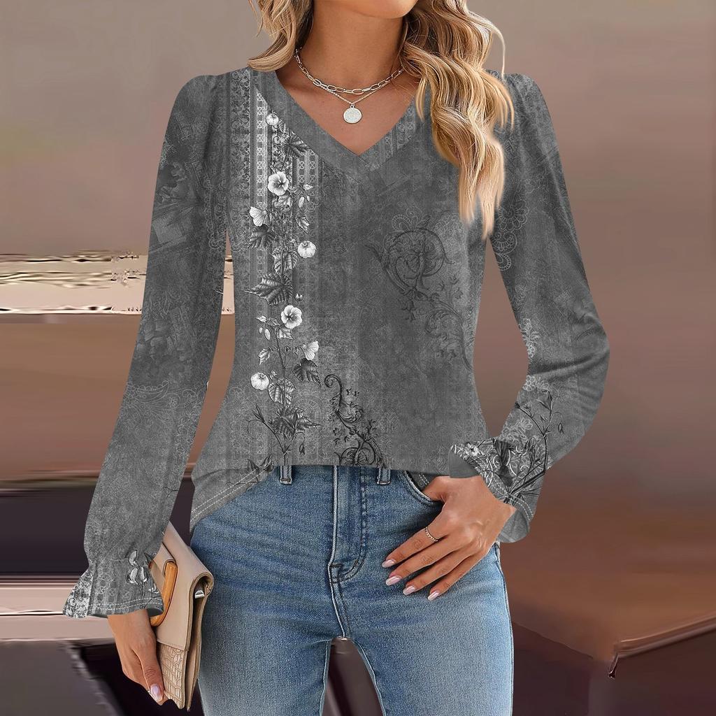 Women's Daily Casual Long-sleeved Striped Printed V-neck Top