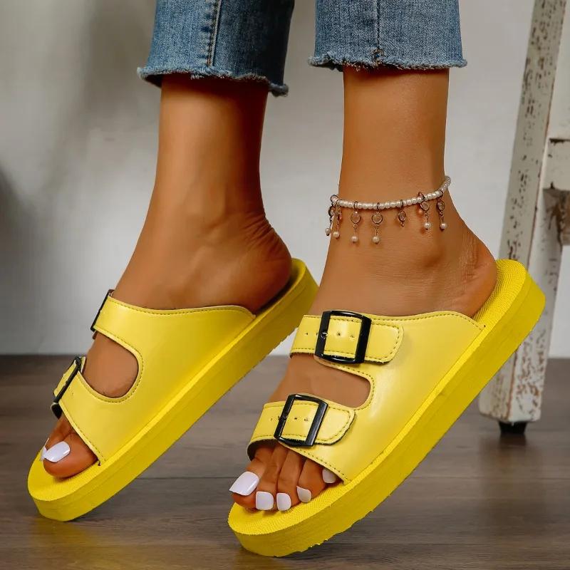 Модная женская обувь 2024 года, новые женские тапочки больших размеров, модные повседневные тапочки с пряжкой на ремне, женские высококачественные тапочки на плоской подошве с круглым носком