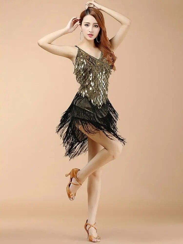 Women Latin Dance Dress Tassels Dress Cocktail Costume 1920s Flapper Dress
