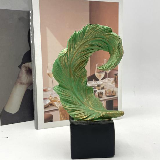Artistic Feather Statue Modern Green White Feather Shape Resin Figurine Sculpture Home Office Desktop Decoration Ornament