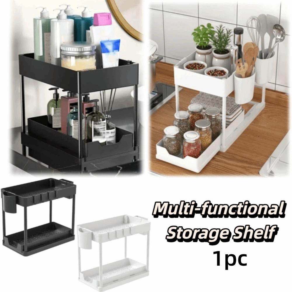 2 Tier Sliding Cabinet Basket With Hooks Under Sink Organizer Upgraded Bathroom Organizer Bathroom