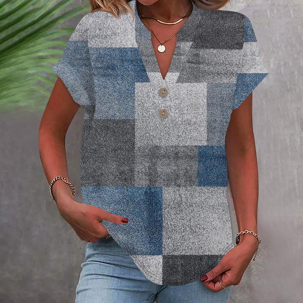 Женская модная повседневная рубашка с v-образным вырезом и коротким рукавом с принтом, футболка на пуговицах, топ