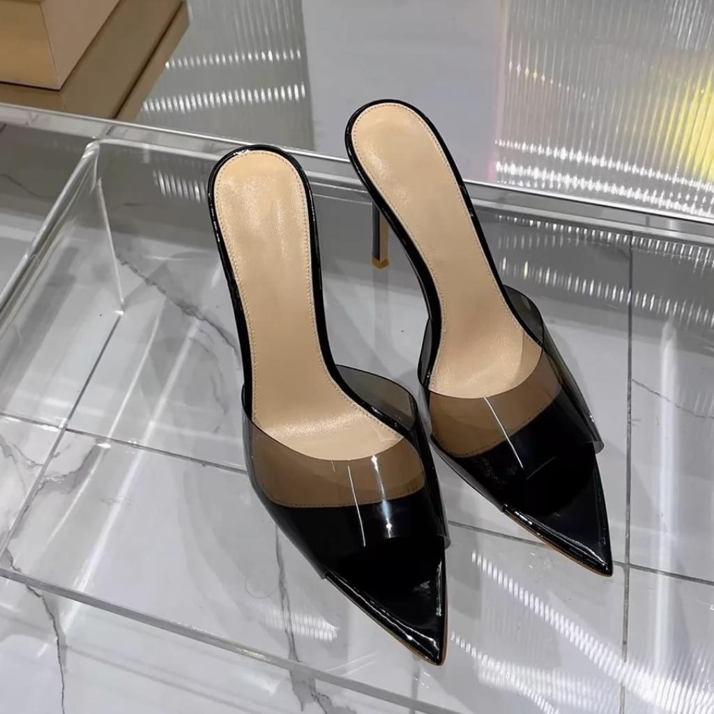 Transparent high-heeled cool slippers for women in the summer of 2025, new fashion, thin heels, pointed heads, sexy open toes, and one-word drag for o