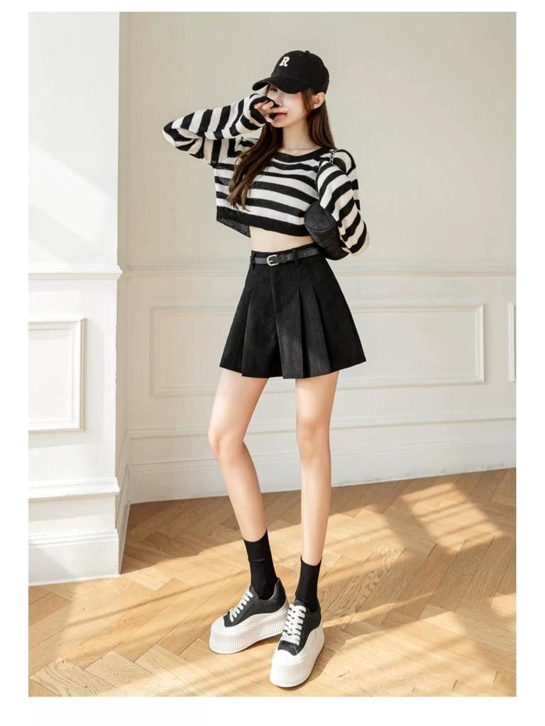 Женские вельветовые кюлоты А-силуэта с плиссировкой и высокой талией, зимние шорты 2024