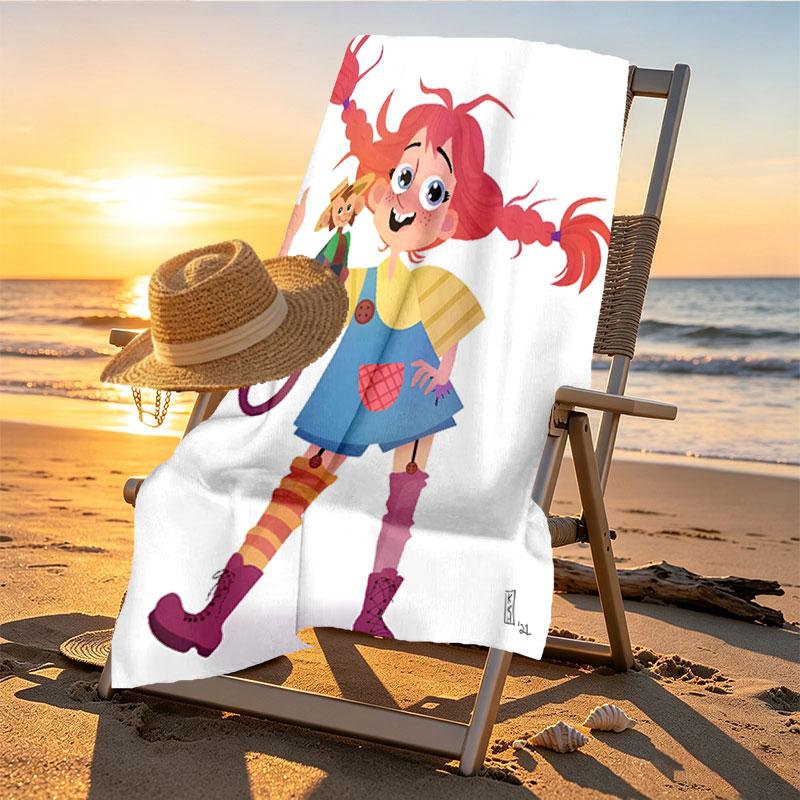 Pippi Longstocking Print Beach Towel Design, Soft, Lightweight. for Home Bathroom, Spa, Pool, Yoga, Surfing, Camping, Gift for Family, Friend