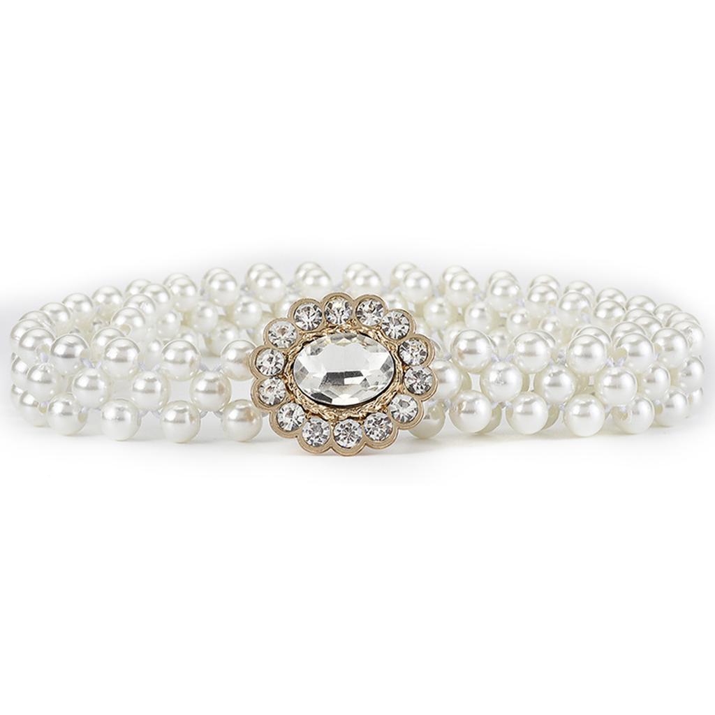 Elegant Adjustable Waist Accessory Elegant Pearls Waist Belt with Rhinestones Accent Stylish Waistband Adornment