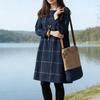 Women's Vintage Plaid Dress Casual Long Sleeve Cotton Linen Dress Fall Loose Fit Checkered Crew Neck Tunic Midi Dress