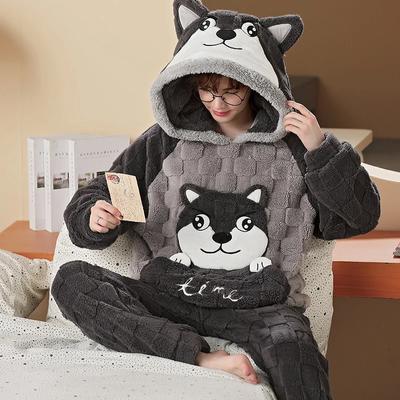 Новый мужской зимний утолщенный коралловый флисовый пижамный комплект, плюшевый домашний костюм с капюшоном, длинный рукав, мультяшный фланель, комплект из 2 предметов, теплая ночная рубашка, размер плюс 3XL 4XL