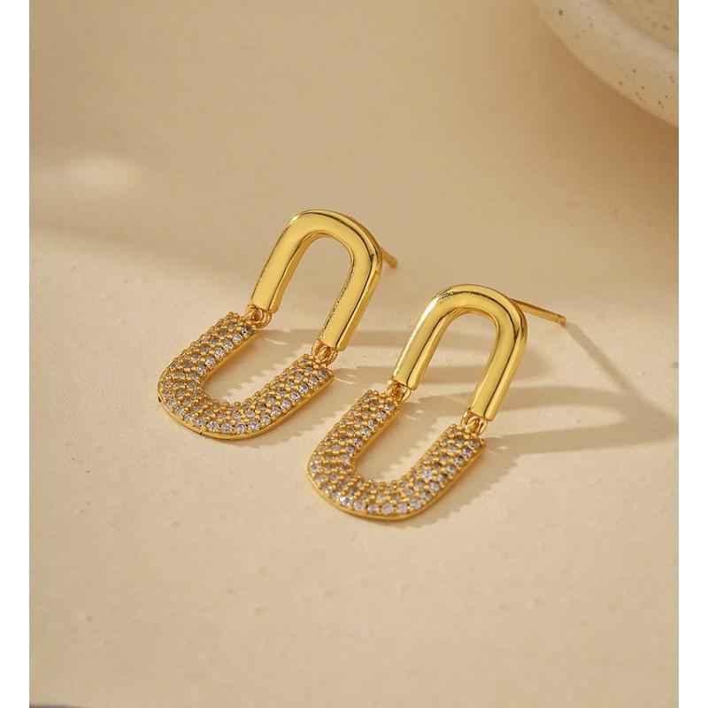U-Shaped Stud Earrings With Full Crystal Pave Oval Design Sterling Gold Plated Minimalist Chic Women