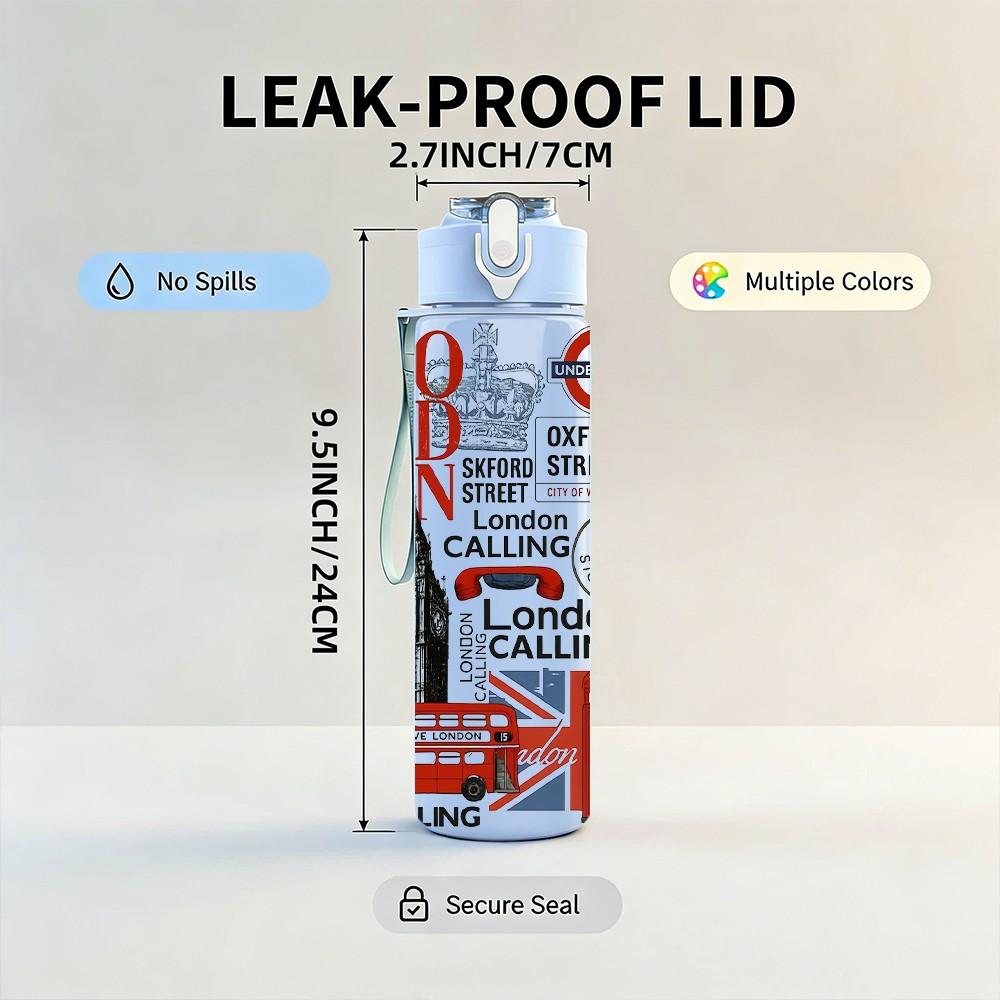 1PC London City Stamp Collage Pattern 750ml Color Plastic Sports Water Bottle Leakproof Flip Straw Lid Suitable for Sports Office Home Use
