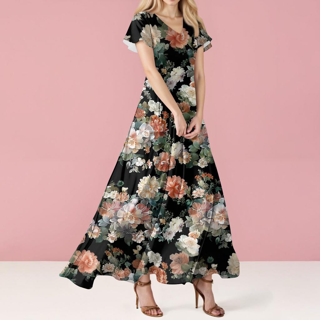 Женские повседневные модные длинные платья с принтом, платья с V-образным вырезом и коротким рукавом