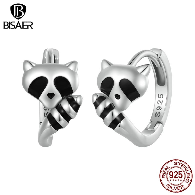 Bisaer Серьги-кольца из стерлингового серебра 925 пробы с живыми ушками енота, черные эмалированные серьги-кольца с животными для женщин, милые ювелирные изделия в подарок