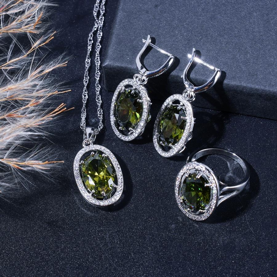 Комплект ювелирных изделий класса люкс с цирконами оливково-зеленого цвета в винтажном стиле — браслет, серьги, ожерелье и кольцо | Идеально подходит для свадеб