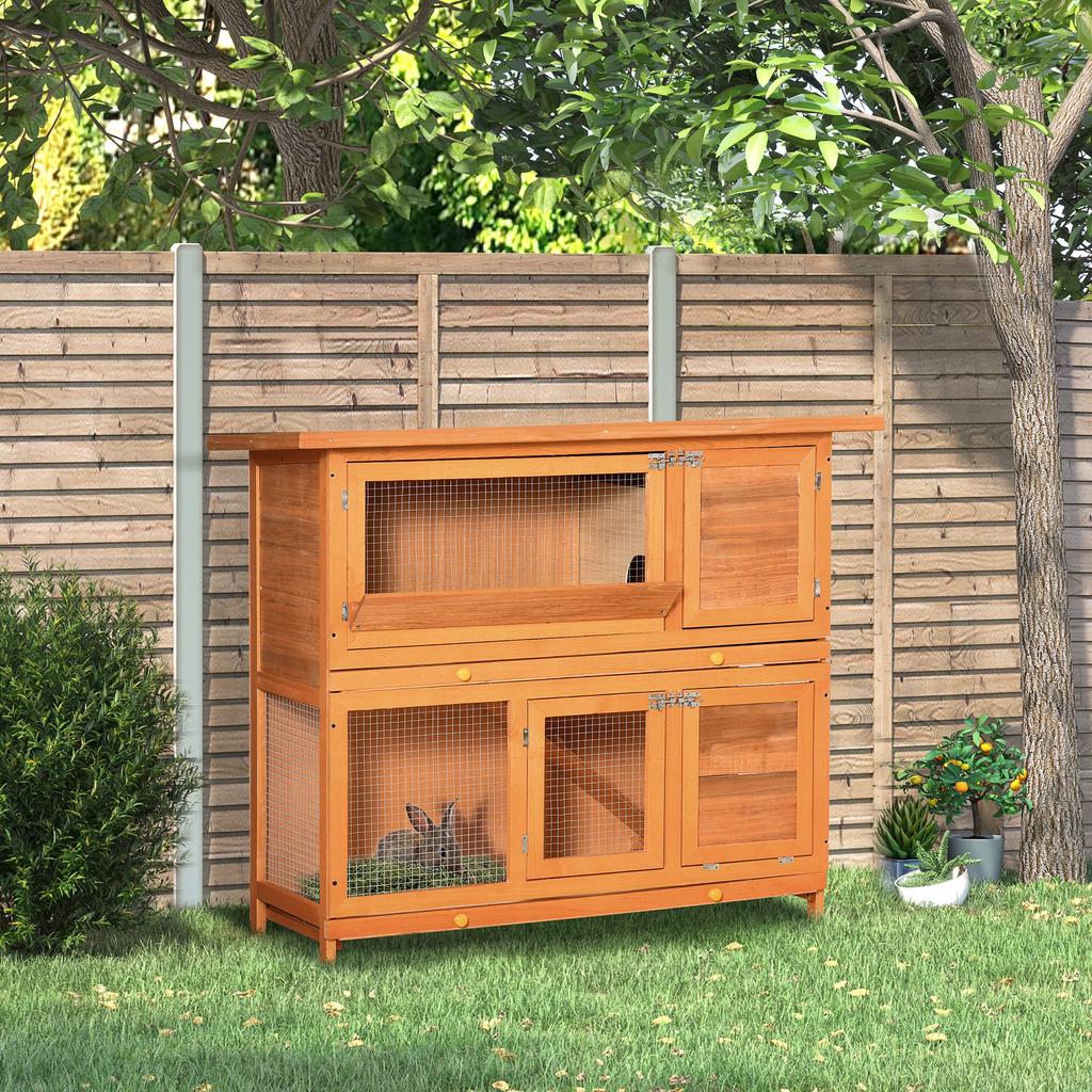 Outdoor Wooden Rabbit Hutch with House and 2-Story Enclosure, 122x48x100 cm