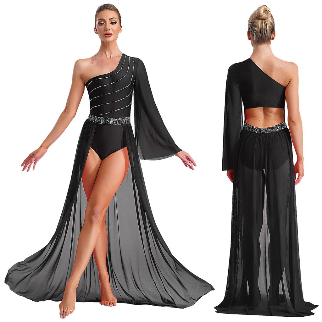 Women's One Shoulder Lyrical Dance Dress Sheer Mesh Flared Sleeve with Shiny Rhinestones Flowy Split