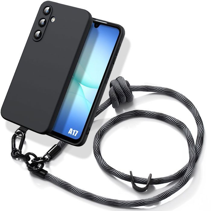 Coque pour Samsung Galaxy A17 4G/5G, Silicone Liquide Noir Anti-Rayures avec Cordon Détachable Gris
