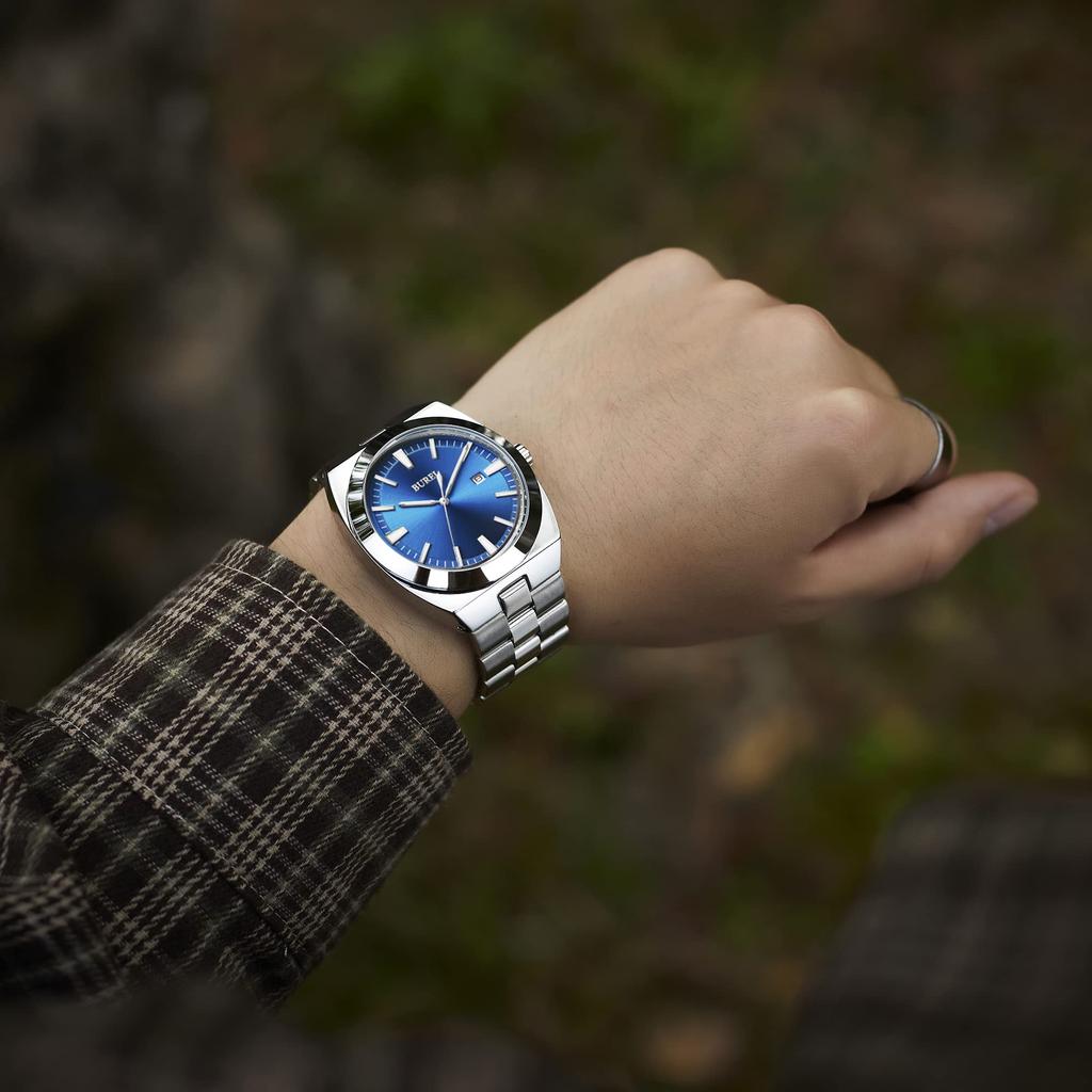 BUREI Analog Quartz Large Date Silver Watch for Gift Men's Watch, Simple, Waterproof, Silver, Dial, Display, Popular, Stylish, Gentleman's, Business,
